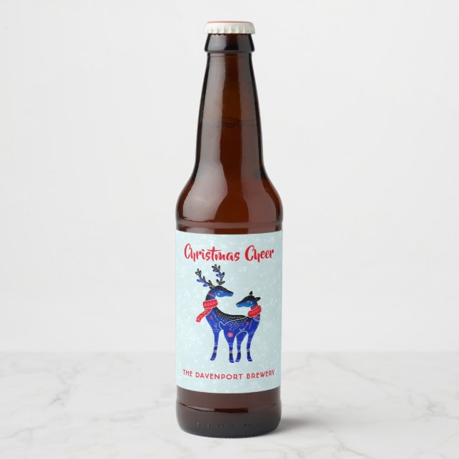 Blue Nordic Christmas Reindeer Pair Bierflaschenetikett (Vorderseite)
