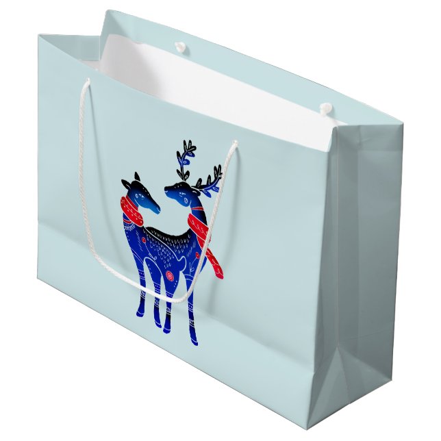 Blue Nordic Christmas Reindeer Pair Große Geschenktüte (Vorderseite Schrägansicht)