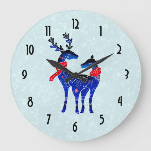 Blue Nordic Christmas Reindeer Pair Große Wanduhr