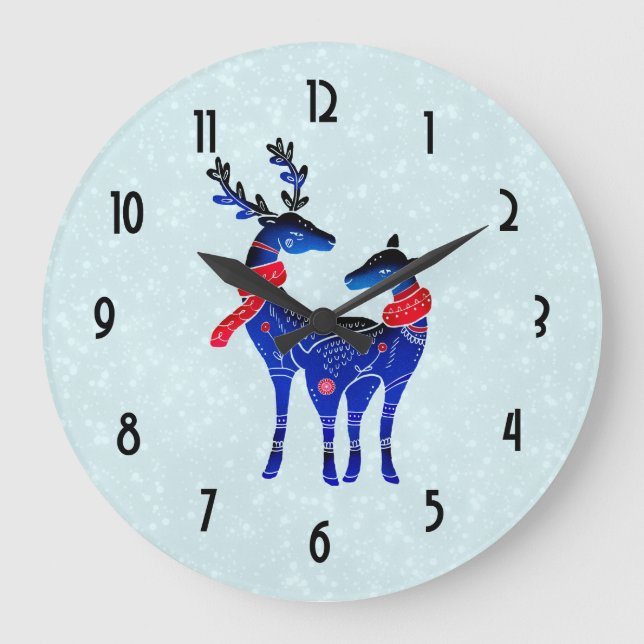 Blue Nordic Christmas Reindeer Pair Große Wanduhr (Vorderseite)