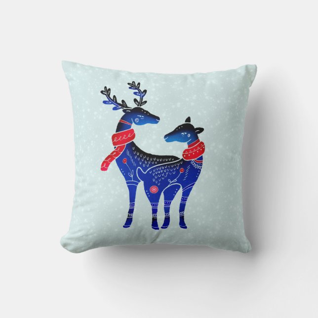Blue Nordic Christmas Reindeer Pair Kissen (Vorderseite)