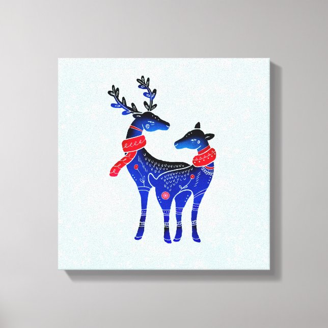 Blue Nordic Christmas Reindeer Pair Leinwanddruck (Vorderseite)
