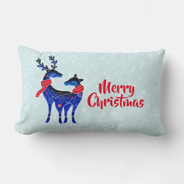 Blue Nordic Christmas Reindeer Pair Lendenkissen (Vorderseite)
