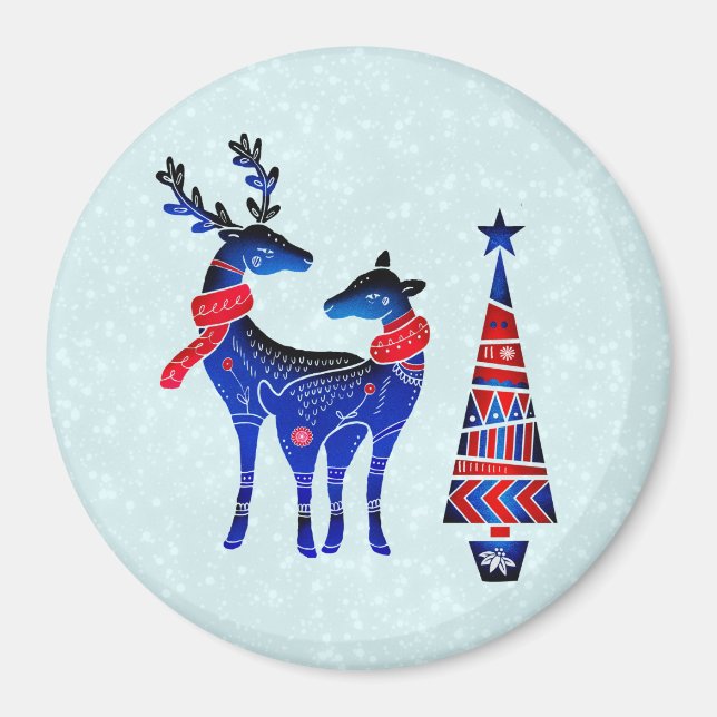 Blue Nordic Christmas Reindeer Pair Magnet (Vorne)