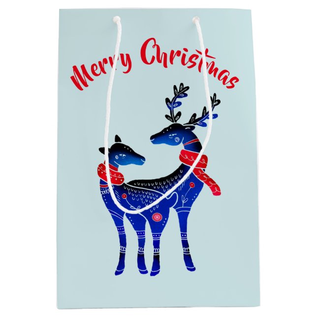 Blue Nordic Christmas Reindeer Pair Mittlere Geschenktüte (Vorderseite)