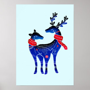 Blue Nordic Christmas Reindeer Pair Poster