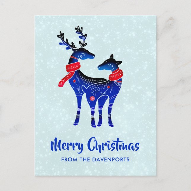 Blue Nordic Christmas Reindeer Pair Postkarte (Vorderseite)