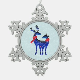 Blue Nordic Christmas Reindeer Pair Schneeflocken Zinn-Ornament