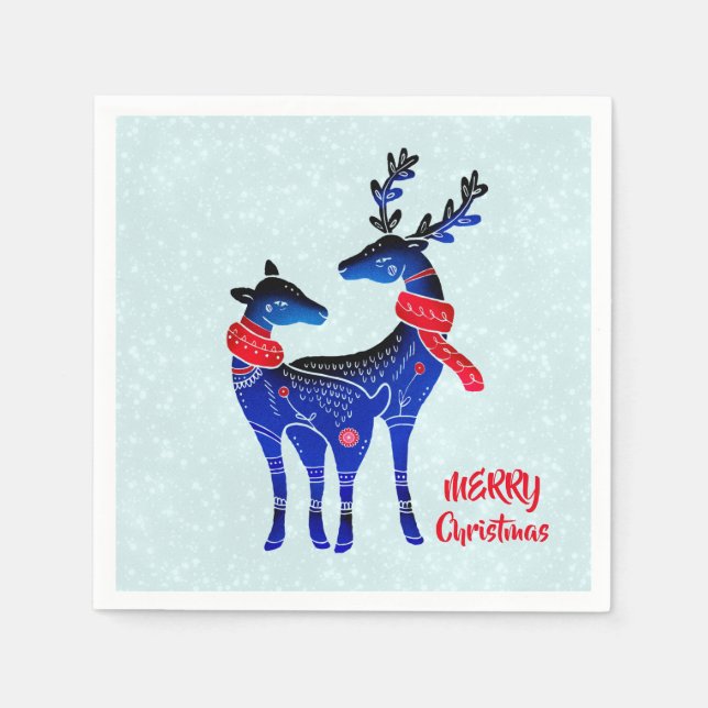 Blue Nordic Christmas Reindeer Pair Serviette (Vorderseite)
