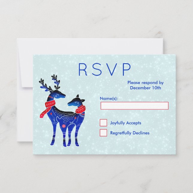 Blue Nordic Christmas Reindeer Pair UAWG RSVP Karte (Vorderseite)