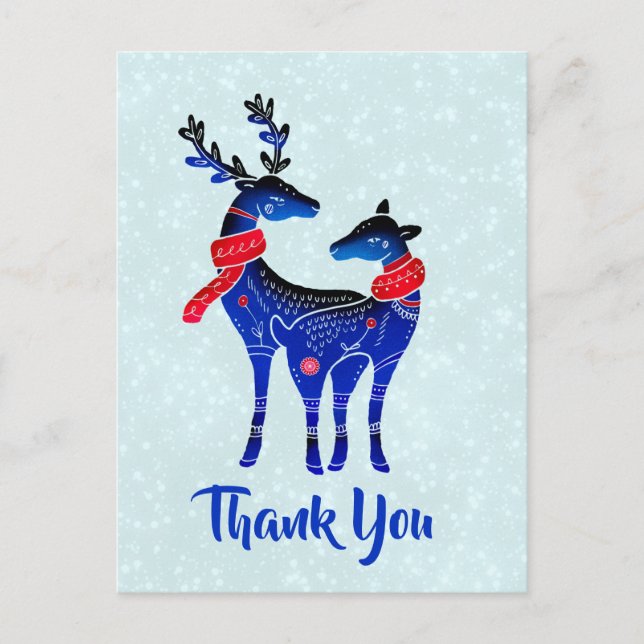 Blue Nordic Christmas Reindeer Pair Vielen Dank Postkarte (Vorderseite)