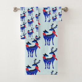 Blue Nordic Christmas Rentier Pair Pattern Badhandtuch Set