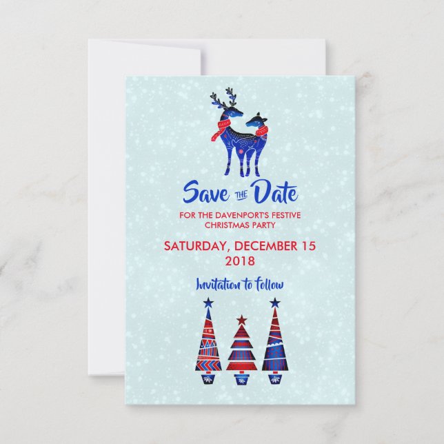 Blue Nordic Christmas Rentier Pair Save the Date Einladung (Vorderseite)