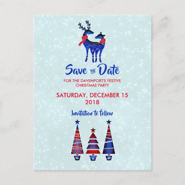 Blue Nordic Christmas Rentier Pair Save the Date Postkarte (Vorderseite)
