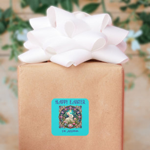 Blue Oaster Bunny Art Nouveau Festes Glas Quadratischer Aufkleber