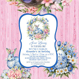 Blue Oaster Bunny Pink Blumenreath 1. Geburtstag Einladung