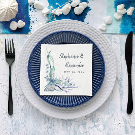 Blue Ocean Beach Seashells Hochzeit mit Aquarellfa Serviette