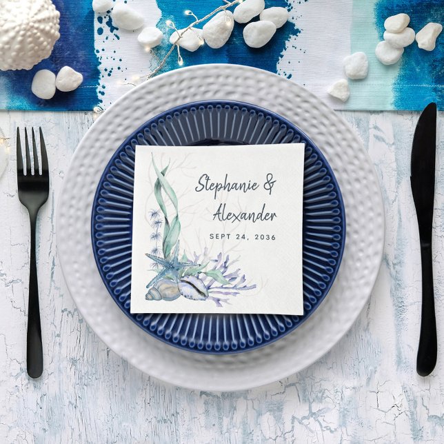 Blue Ocean Beach Seashells Hochzeit mit Aquarellfa Serviette (Von Creator hochgeladen)