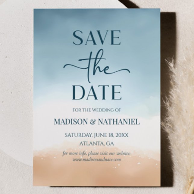Blue Ocean Beach Shore Sand Wedding Save The Date (Von Creator hochgeladen)