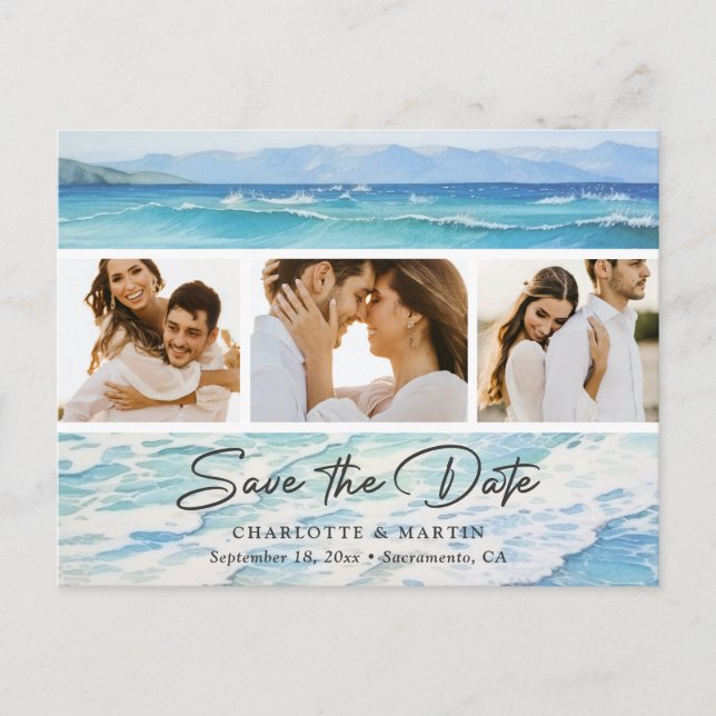 Blue Ocean Beach Wedding Foto Save the Date Ankündigungspostkarte (Vorderseite)