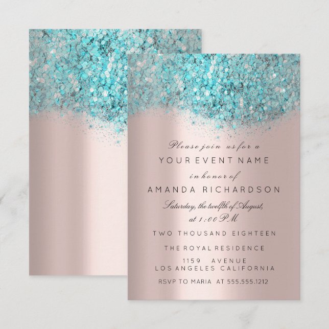 Blue Ocean Confetti Rose Gold Bridal Sweet 16. Einladung (Vorne/Hinten)