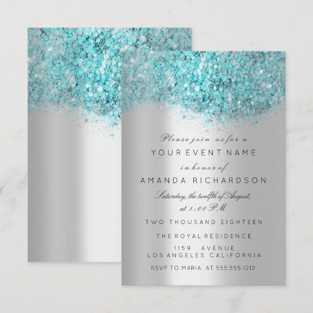 Blue Ocean Confetti Silver Gray Bridal Sweet 16. Einladung (Vorne/Hinten)