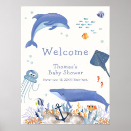 Blue Ocean Dolphin Whale Boy Baby Dusche Willkomme Poster