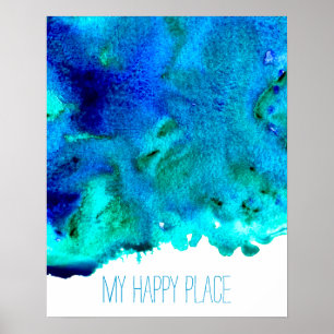 Blue Ocean Happy Place Zitat Aquarellkunst Poster