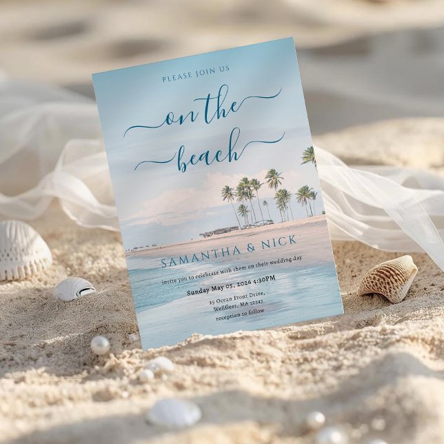 Blue Ocean Palm Tree Beach Wedding Einladung (Von Creator hochgeladen)