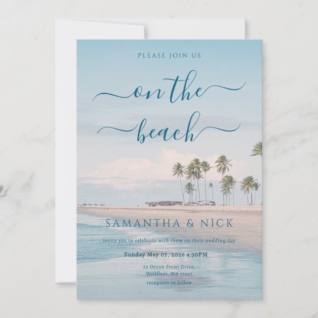 Blue Ocean Palm Tree Beach Wedding Einladung (Vorderseite)