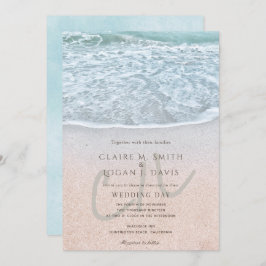 Blue Ocean & Sandy Beach Monogram Wedding Einladung