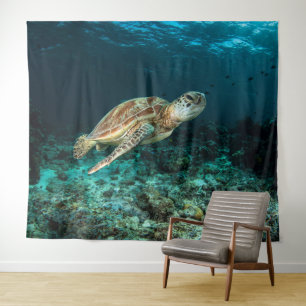 Blue ocean sea turtle tapestry wandteppich