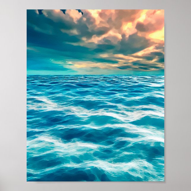 Blue Ocean Seascape Cloudy Sky Digital Malerei Poster (Vorne)