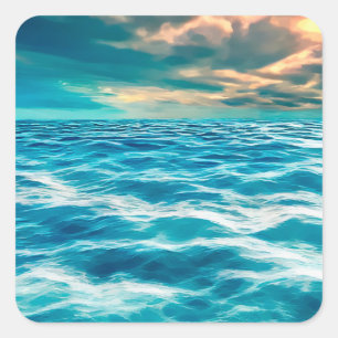 Blue Ocean Seascape Cloudy Sky Digital Malerei Quadratischer Aufkleber