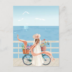 Blue Ocean Sommer Mädchen mit Fahrrad Postkarte