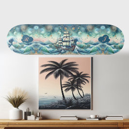 Blue Ocean Storm Ship Initials Monogram Whimsical Skateboard
