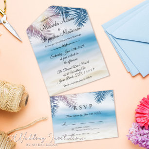 Blue Ocean Tropical Summer Palm Beach Hochzeit All In One Einladung
