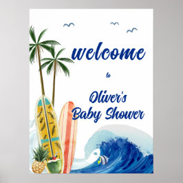 Blue Ocean Wave Surfboard Baby Dusche Willkommen Poster