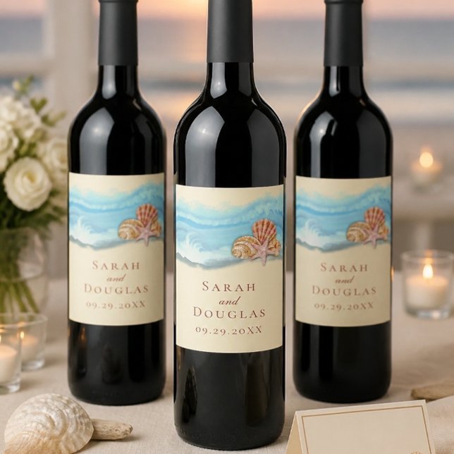 Blue Ocean Wave Wedding Wine Bottle Label Weinetikett (Von Creator hochgeladen)