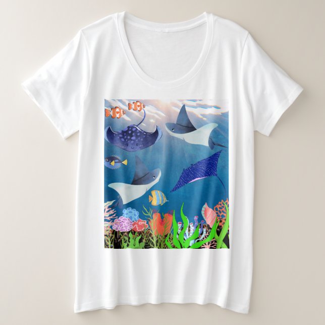 Blue Ocean Waves Giant Manta Stingray Oma Große Größe T-Shirt (Design vorne)
