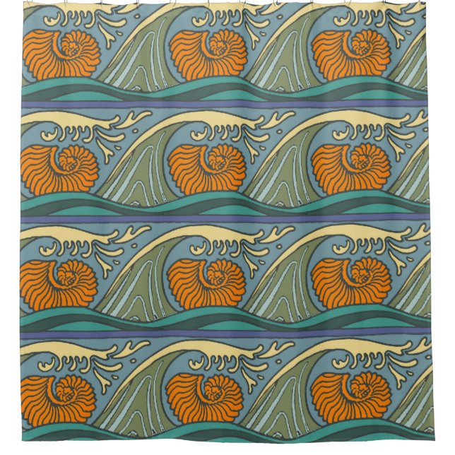Blue Ocean Waves Nautilus Seashell Muster Nouveau Duschvorhang (Vorderseite)