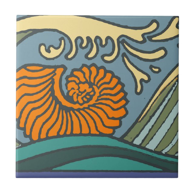 Blue Ocean Waves Nautilus Seashell Muster Nouveau Fliese (Vorderseite)
