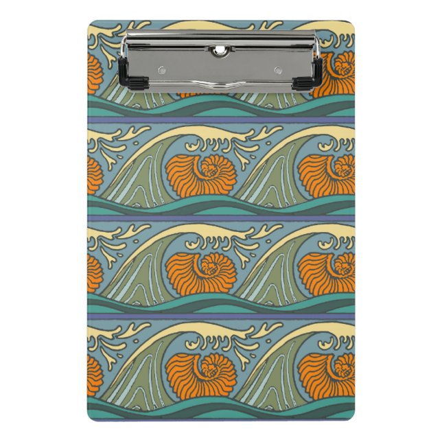 Blue Ocean Waves Nautilus Seashell Muster Nouveau Mini Klemmbrett (Vorderseite)