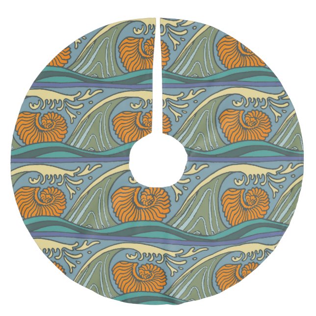 Blue Ocean Waves Nautilus Seashell Muster Nouveau Polyester Weihnachtsbaumdecke (Vorderseite)