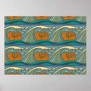 Blue Ocean Waves Nautilus Seashell Muster Nouveau Poster
