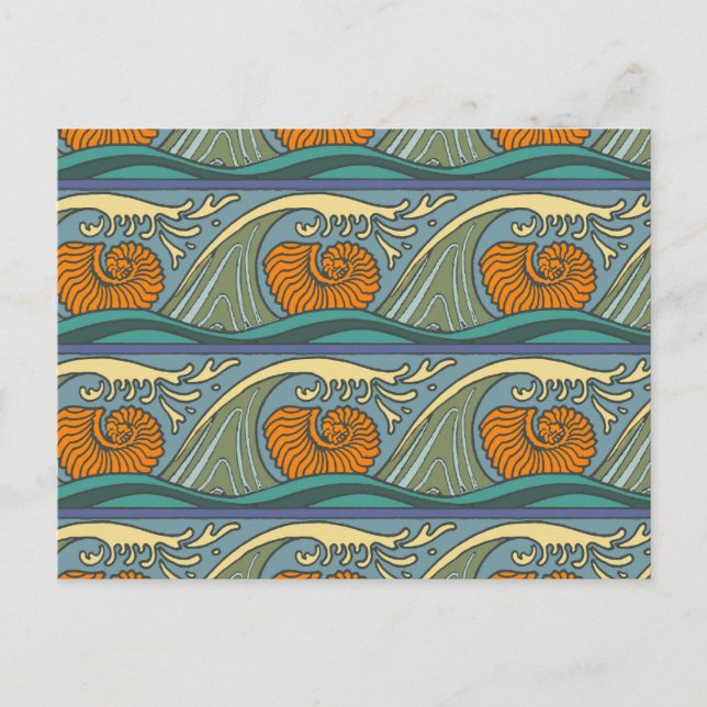 Blue Ocean Waves Nautilus Seashell Muster Nouveau Postkarte (Vorderseite)