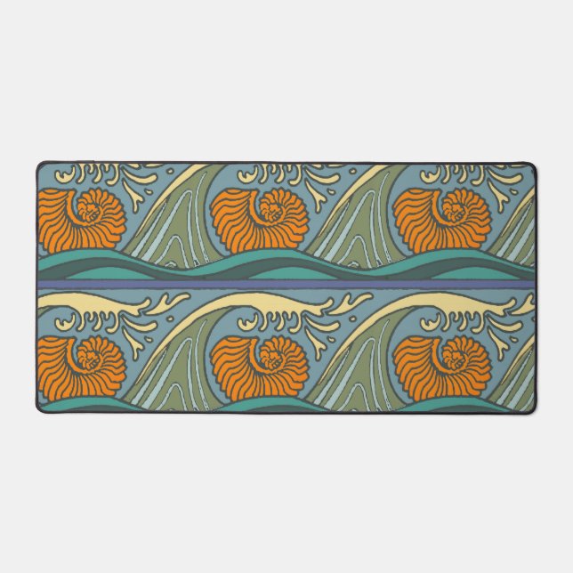 Blue Ocean Waves Nautilus Seashell Pattern Nouveau Schreibtischunterlage (Vorderseite)