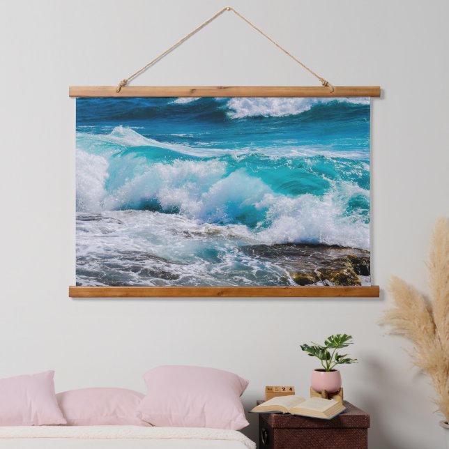 Blue Ocean Waves & Rocks Wandteppich Mit Holzrahmen (Schlafzimmer)