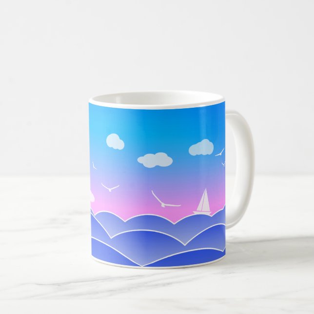 Blue Ocean Waves, Segelboot, Seagulls, Seascape Kaffeetasse (VorderseiteRechts)
