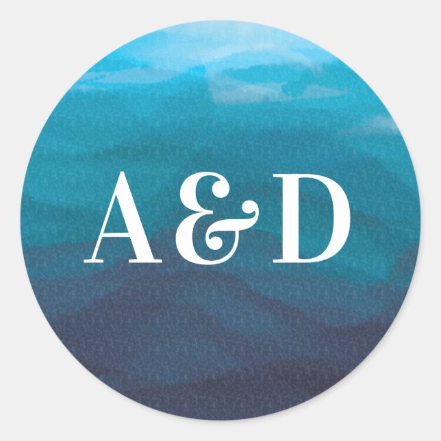 Blue Ocean Waves Watercolor Wedding Sticker, Runder Aufkleber (Vorderseite)
